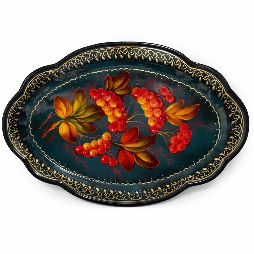 Vintage Zhostovo-Style Hand Painted Oval Metal Tray Berry Folk Art Scalloped